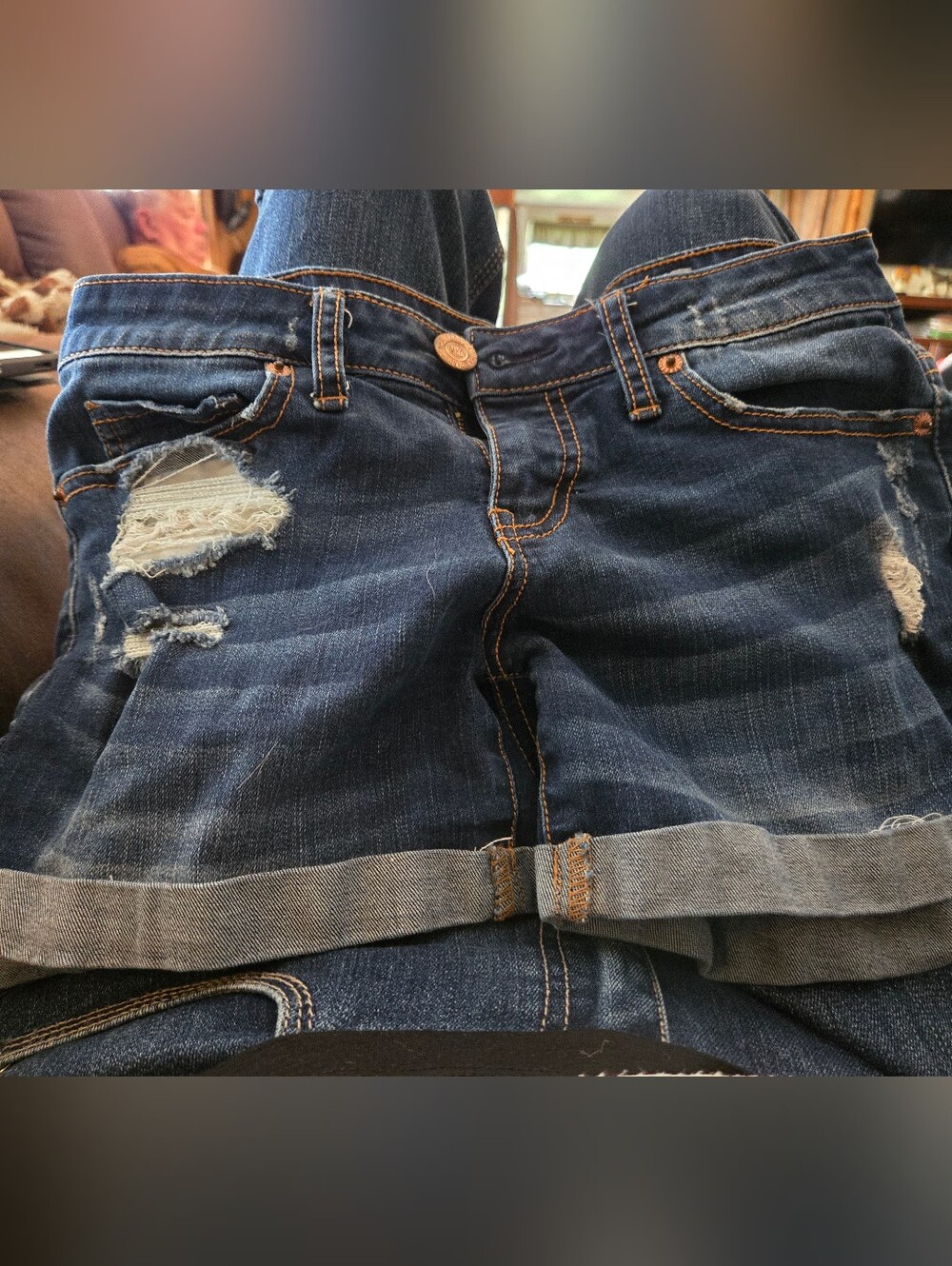 Aeropostale Dark Blue Distressed Rolled-Hem Jean Shorts